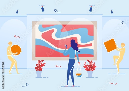 Young Woman Tourist Visiting Art Gallery and Making Photos on Mobile Phone Flat Cartoon Vector Illustration. Girl Visiting Sightseeings, Exhibition. Huge Picture Hanging on Wall, Statue and Sculpture.