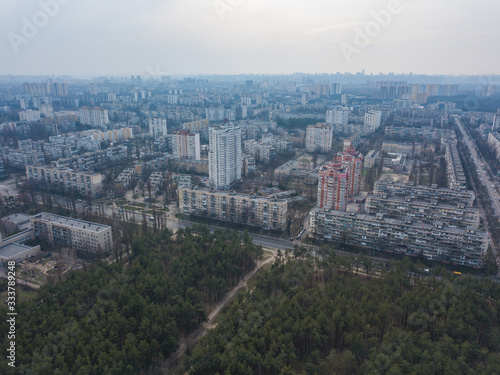 The outskirts of Kiev, near coniferous forest. Aerial drone view.