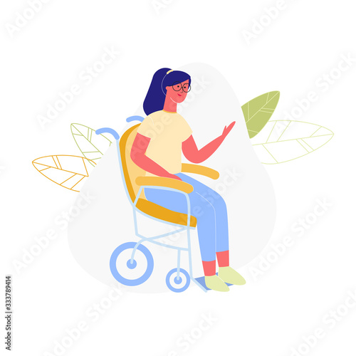 Young Disabled Woman Sitting in Wheelchair Isolated on White Background. Character Disability, Paralyzed Handicapped Person Lifestyle, Rehabilitation, Spare Time. Cartoon Flat Vector Illustration