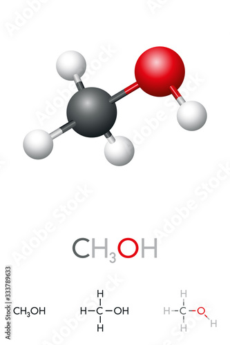 Methanol, CH3OH, molecule model and chemical formula. Methyl alcohol, MeOH, a popular but toxic solvent. Simplest alcohol, consisting of a methyl group linked to a hydroxyl group. Illustration. Vector