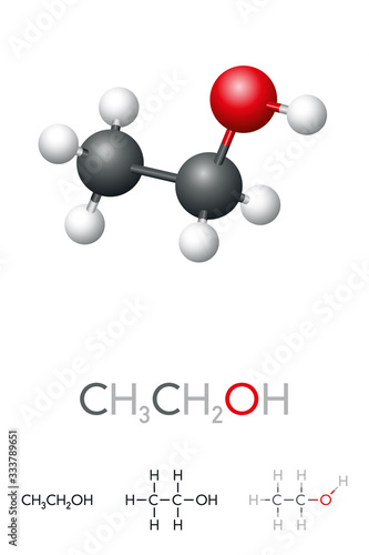 Ethanol, CH3CH2OH, ethyl alcohol, molecule model and chemical formula. A chemical solvent, psychoactive substance in alcoholic drinks, a fuel source, antiseptic and disinfectant. Illustration. Vector.