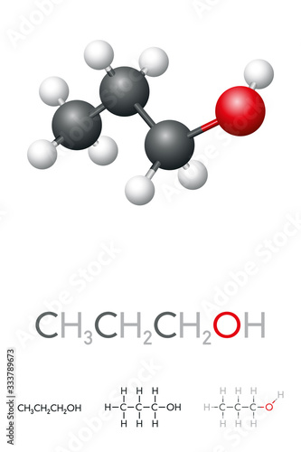 Propanol, CH3CH2CH2OH, n-propanol, molecule model and chemical formula. PrOH is a primary alcohol, disinfectant and solvent in the pharmaceutical and cosmetic industry. Isolated illustration. Vector.