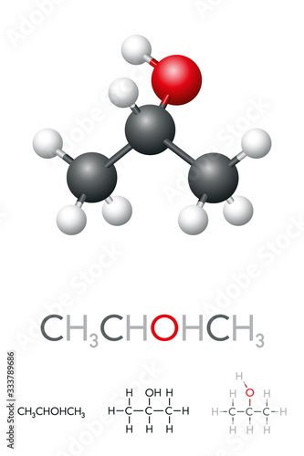 Isopropyl alcohol, CH3CHOHCH3, isopropanol, molecule model and chemical formula. 2-propanol, a common ingredient in chemicals such as antiseptics, disinfectants, and detergents. Illustration. Vector.