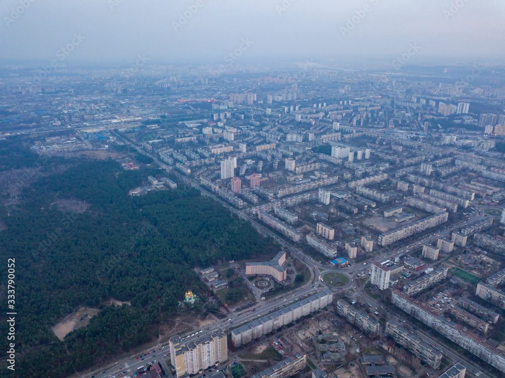 Residential area of Kiev at dusk. Aerial drone view.