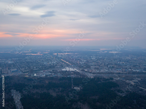Sunset over Kiev and the Dnieper River, view from the left bank. Aerial drone view.