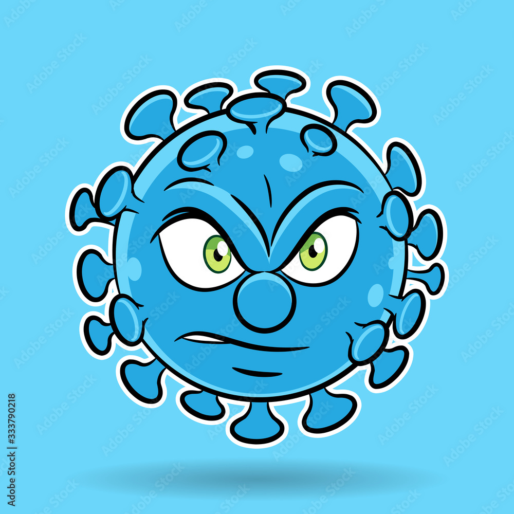 Cartoon Angry Blue Coronavirus on a Blue Background