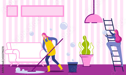 Woman Housekeeper, Housewife or Cleaning Company Worker Cleaning and Washing Floor in House Living Room Flat Vector Illustration. Cleaning Service Concept. Woman Tidies Home. Going up by Ladder.