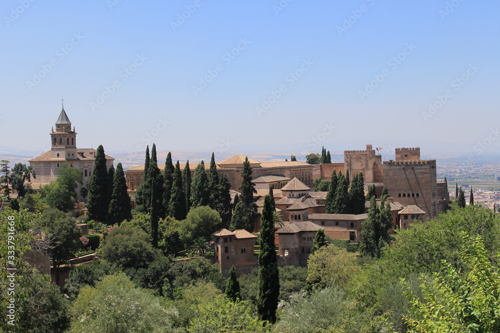 Historical Alhambra palace and fortress complex taken from Generalife gardens in Granada, Andalusia, Spain.