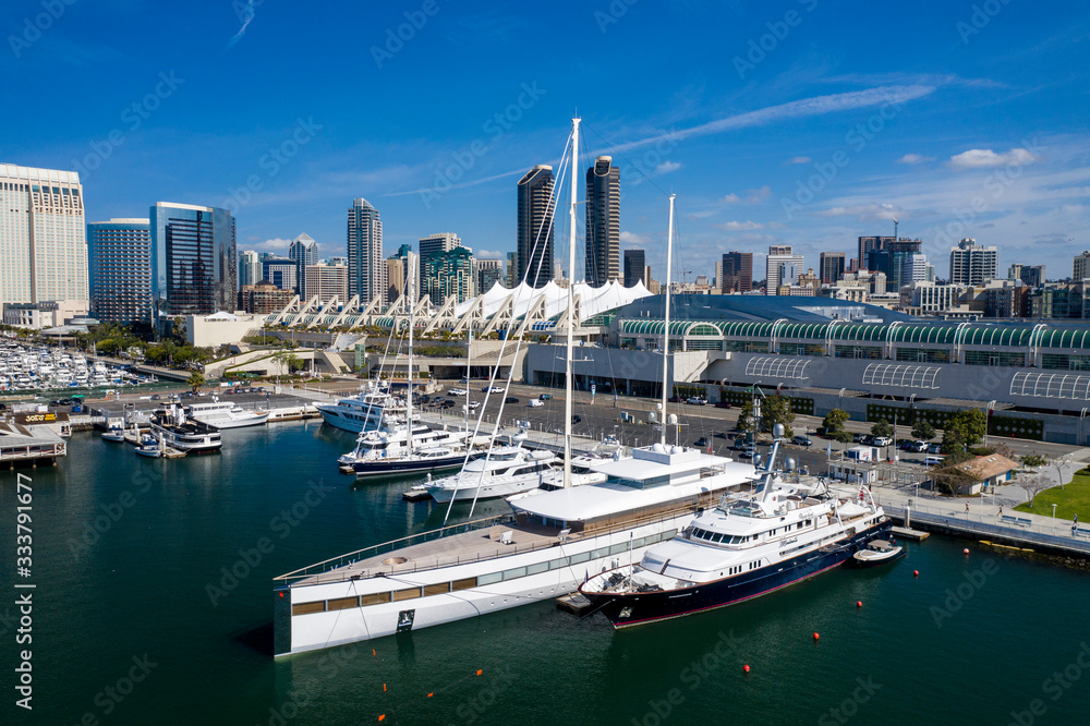 Aerial photo of yachts in the Marina in Downtown San Diego. California, USA.