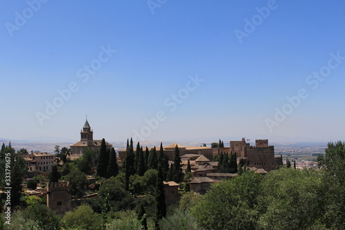 Historical Alhambra palace and fortress complex taken from Generalife gardens in Granada, Andalusia, Spain.