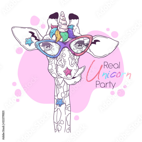 Hand drawn illustration of the cute giraffe with a magic unicorn horn Vector.