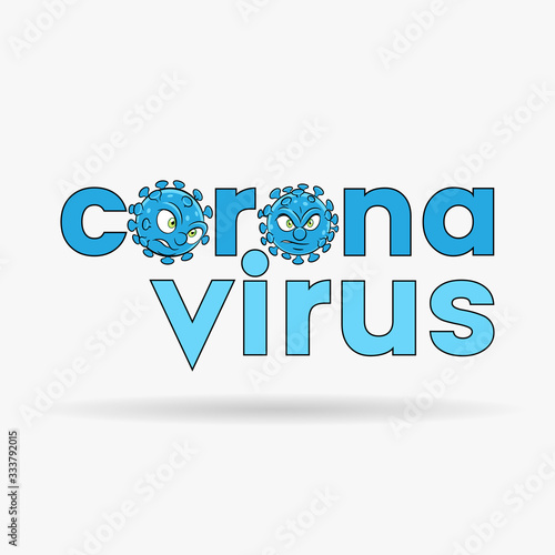 Coronavirus Cartoon Heads and Blue Lower Case Letters with Black Outlines