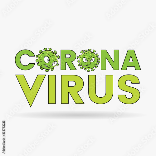 Coronavirus Cartoon Heads and Green Upper Case Letters with Black Outlines