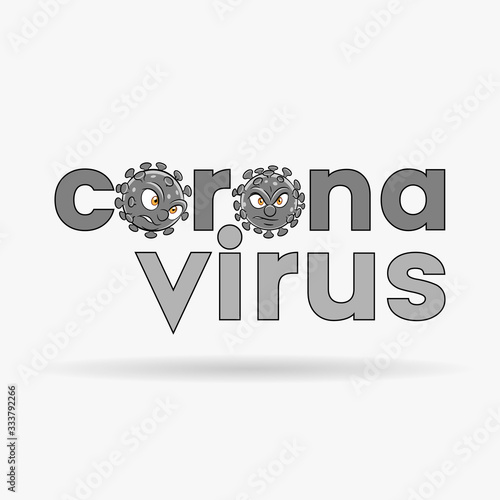 Coronavirus Cartoon Heads and Grey Lower Case Letters with Black Outlines