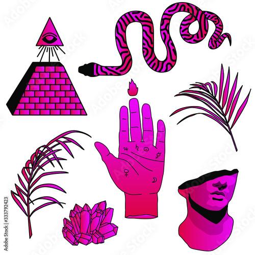 Set of pins, stickers and fashion badges in simple line art tattoo style. The eye of providence, Marble sculpture, palm leaves, pyramid and magic crystals.