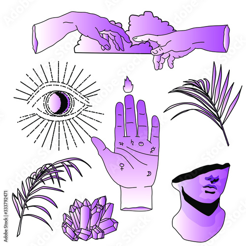 Set of pins, stickers and fashion badges in simple line art tattoo style. The eye of providence, Marble sculpture, palm leaves, pyramid and magic crystals.