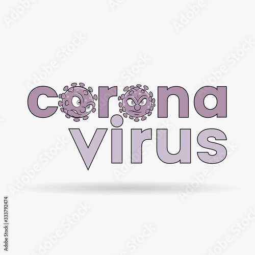 Coronavirus Cartoon Heads and Purple Lower Case Letters with Black Outlines