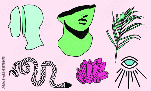 Set of pins, stickers and fashion badges in simple line art tattoo style. The eye of providence, marble sculpture, palm leaves, snake and magic crystals.