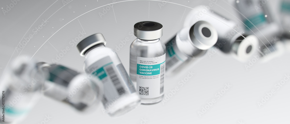 Coronavirus vaccine vials in dna formation, cure research abstract 3d illustration Coronavirus vaccine vials in dna formation, cure research abstract 3d illustration