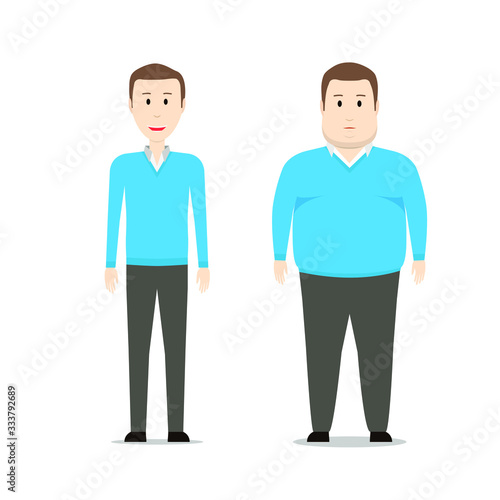Fat and slim man before and after weight loss. Diet and fitness. Thin and fat. Obesity. From fat to thin. Before and after. Vector Illustration
