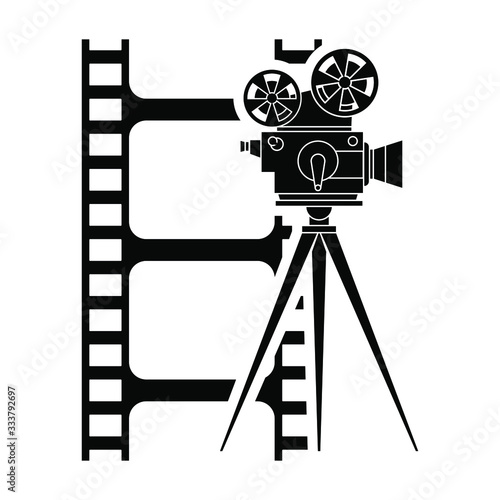 Retro cinema icon. Video movie camera and video film. Cinema camera icon. Vector Illustration.