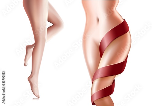 Young Woman Perfect Slim Healthy Body and Legs with Red Lace Isolated on White Background. Hairless Skin Smooth as Silk, Hair Laser Removal Beauty Procedure. 3D Vector Realistic Illustration, Clip Art