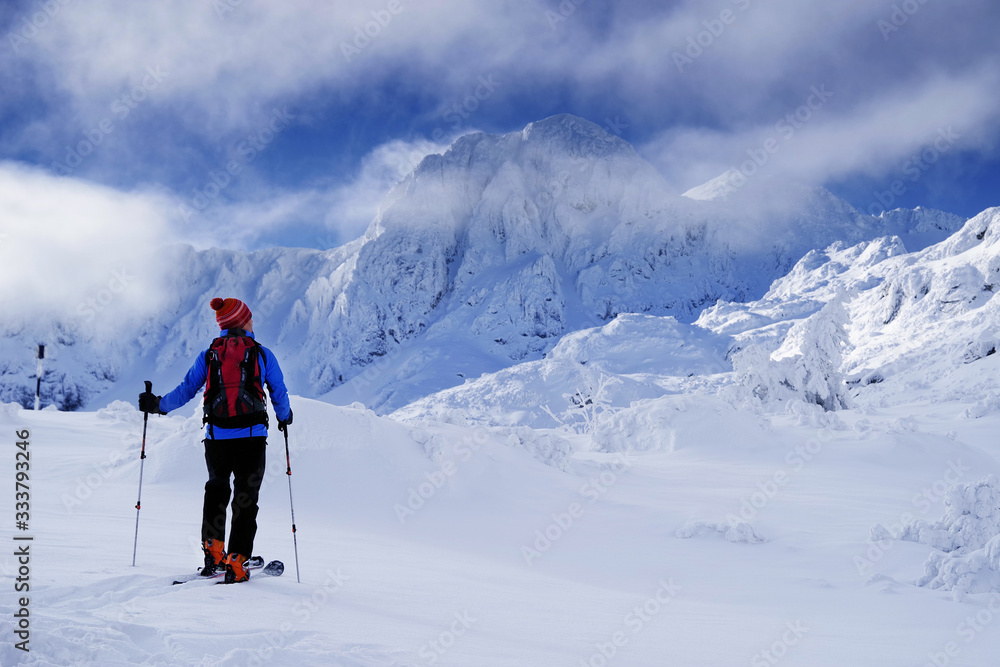 Ski touring in harsh winter conditions. Ski tourer sporting in in the mountains. Winter alpine landscape Ski touring in harsh winter conditions. Ski tourer sporting in in the mountains. Winter alpine landscape