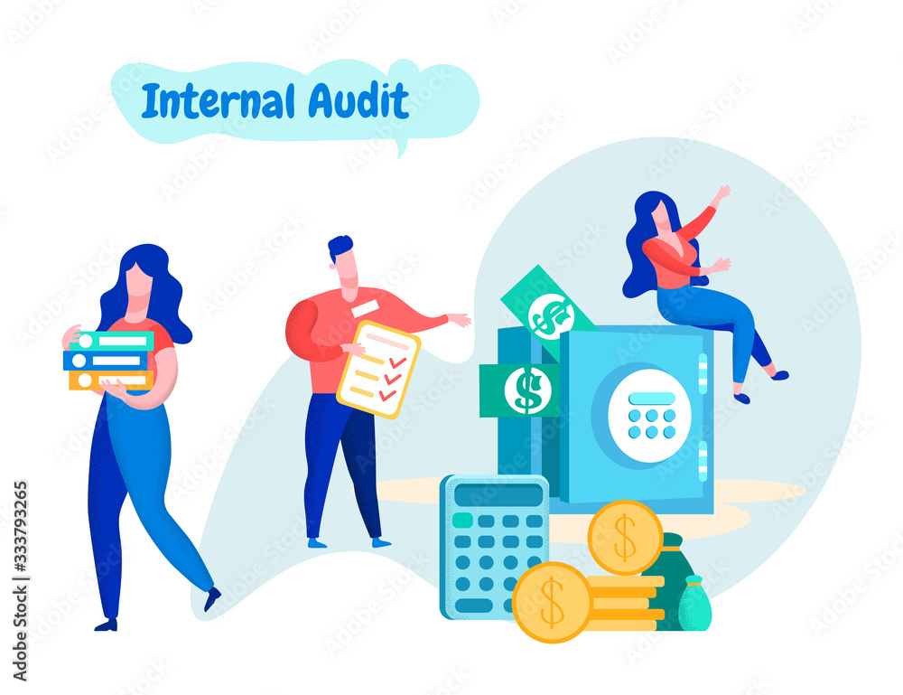 Workers Room Conducts Financial Audit. Internal Audit. Business Solutions. Team Workers Planning. Vector illustration. Analysis and Statistics. Man with Notebook. Woman Sits on Safe. Workers Room Conducts Financial Audit. Internal Audit. Business Solutions. Team Workers Planning. Vector illustration. Analysis and Statistics. Man with Notebook. Woman Sits on Safe.