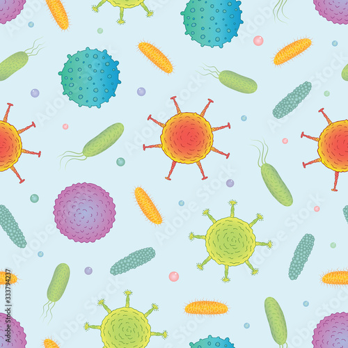 Vector hand drawn seamless pattern with different viruses and bacteria on a blue background