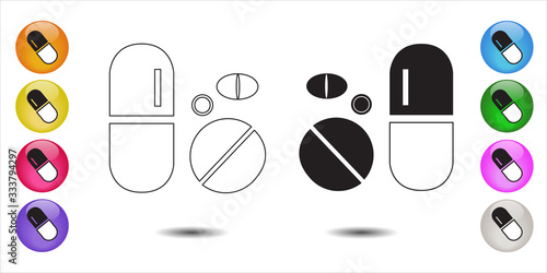 Four different assorted pharmaceutical medicine pills in two sets of different variations. Vector illustration EPS 10.