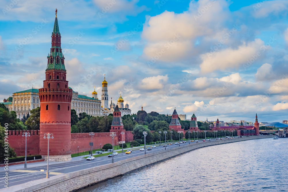 Moscow. Russia. Kremlin embankment on a summer day. Towers Of The Moscow Kremlin. Bell Tower Of Ivan The Great. Churches in Moscow. Grand Kremlin palace. Summer trip to Russia.