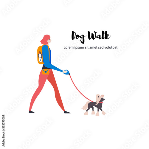   artoon style icons of chinese crested and personal dog-walker with text. Cute girl and pet outdoors.