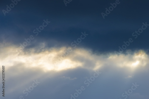 Rays of sunlight that pass through gaps in the clouds and form visible " light columns "or " waves", thunderous evening clouds.