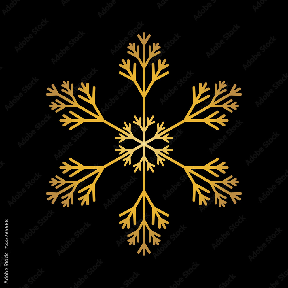 Gold snowflake isolated on black background. Flat snow icon silhouette. New year theme.Vector illustration Gold snowflake isolated on black background. Flat snow icon silhouette. New year theme.Vector illustration