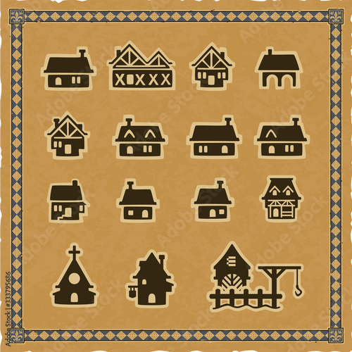 Vector set of Middle Age building icons that includes houses, a church, a dock with a crane, a tavern and a barn. Drawn on a square worn parchment background with a medieval frame.
