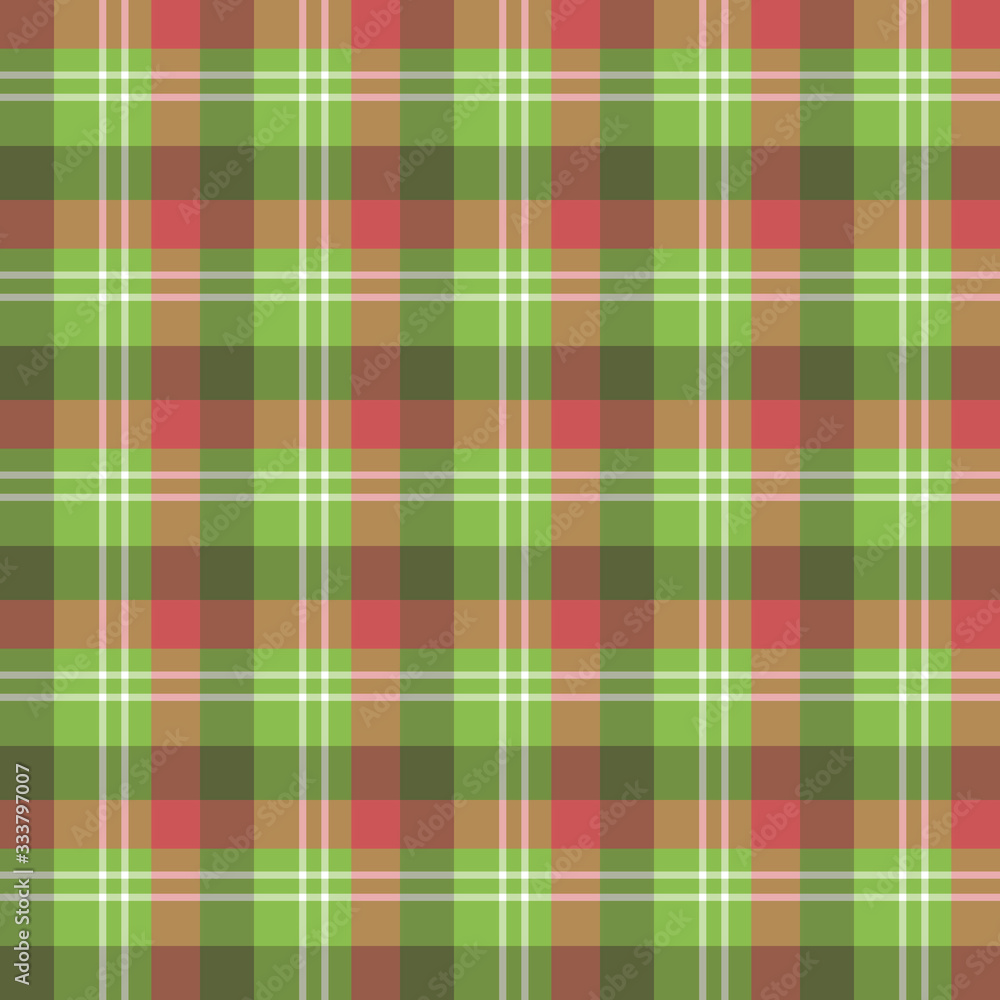 Seamless pattern in fascinating cozy green, red and white colors for plaid, fabric, textile, clothes, tablecloth and other things. Vector image.