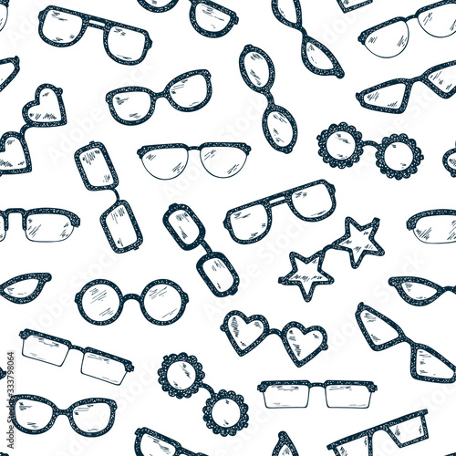 Fashionable accessories. Hand Drawn Doodle Glasses Seamless pattern. Different shapes sunglasses, eyeglasses - Black and white Vector illustration
