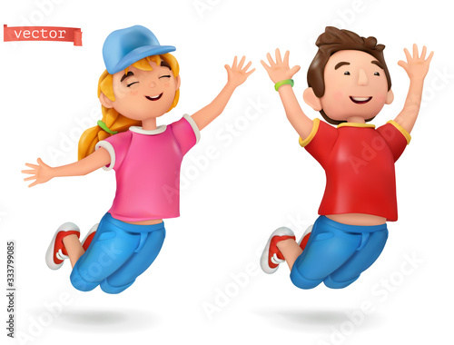Funny kids, girl and boy. 3d vector cartoon icon