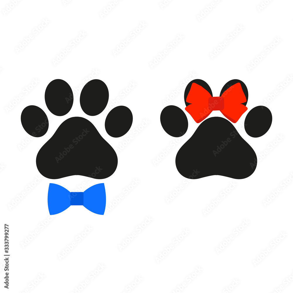 Obraz premium Illustration of a pet shop clinic home care logo design with a paw of a dog boy and girl.