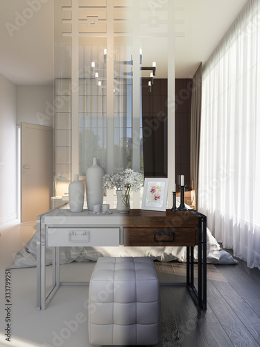 3d illustration of bedroom interior design. 3D render bedroom interior before and after texturing © richman21