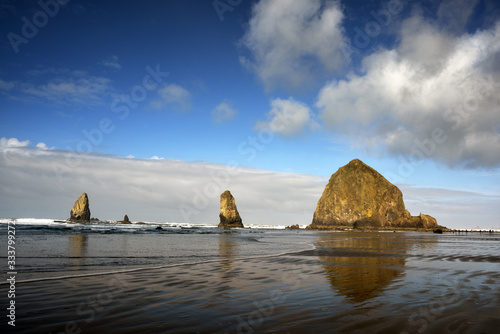 Haystack Rock at Cannon Beach, Oregon with Reflection, Taken in Winter