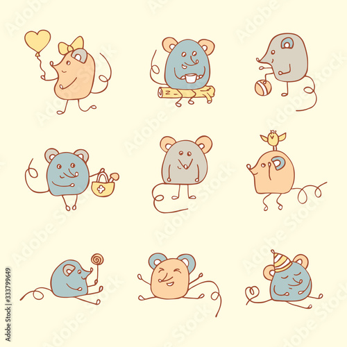 Vector Funny Mouse Set. Hand drawn cartoon doodle Mice