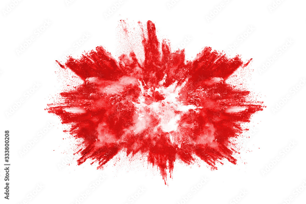 Freeze motion of red powder exploding, isolated on white background. Abstract design of red dust cloud. Particles explosion screen saver, wallpaper Freeze motion of red powder exploding, isolated on white background. Abstract design of red dust cloud. Particles explosion screen saver, wallpaper