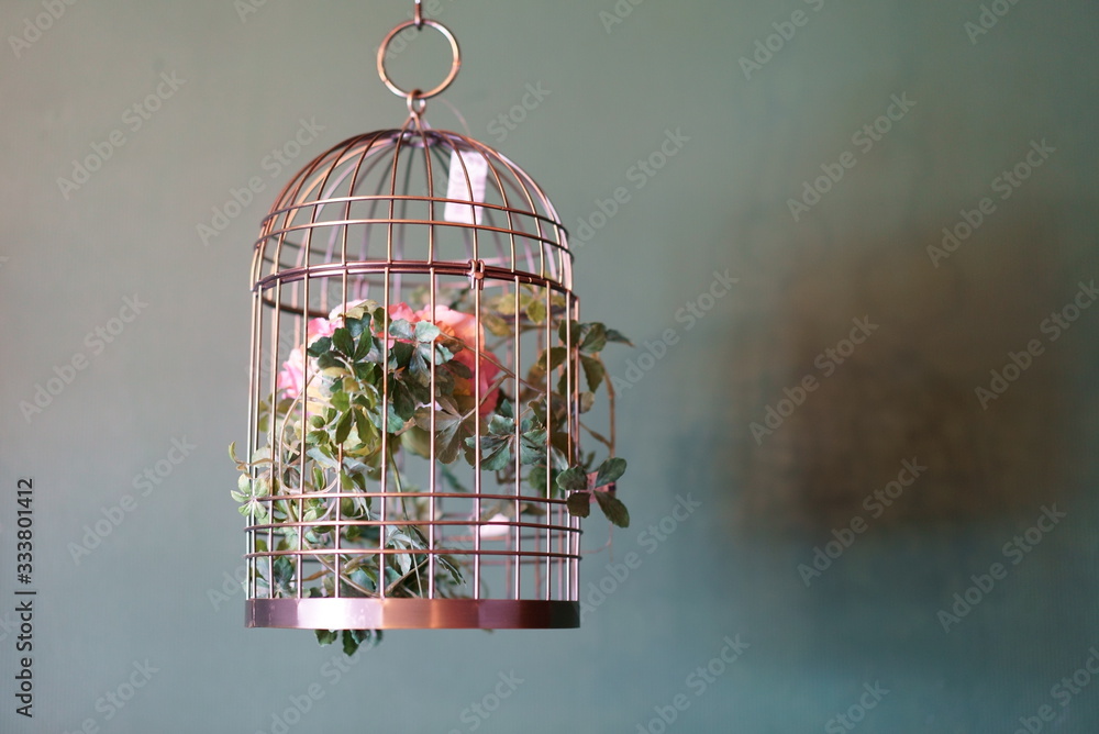 Decorate plants in copper birdcages