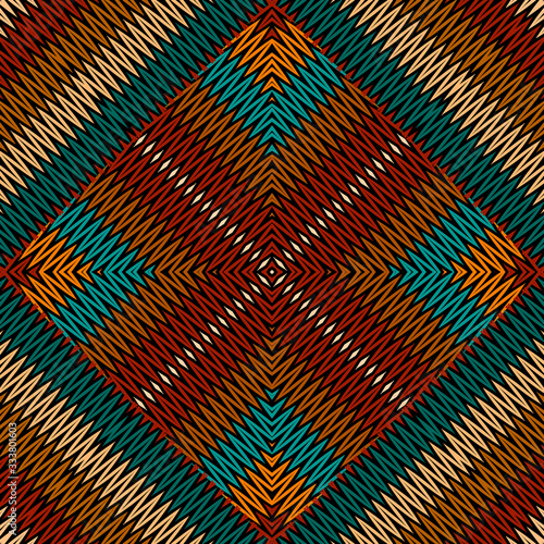 Chevron embroidery colorful vector seamless pattern. Zigzag stitching textured tribal background. Tapestry repeat zig zag backdrop. Embroidered stripes, zigzag lines, geometric shapes, rhombus