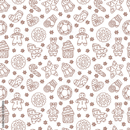 Doodles Christmas Cookies. Gingerbread - Vector Seamless pattern. Celebratory background. Christmas wallpaper.