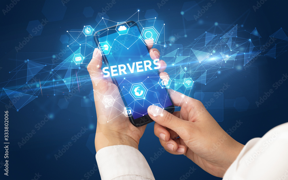 Female hand holding smartphone with SERVERS inscription, modern technology concept Female hand holding smartphone with SERVERS inscription, modern technology concept