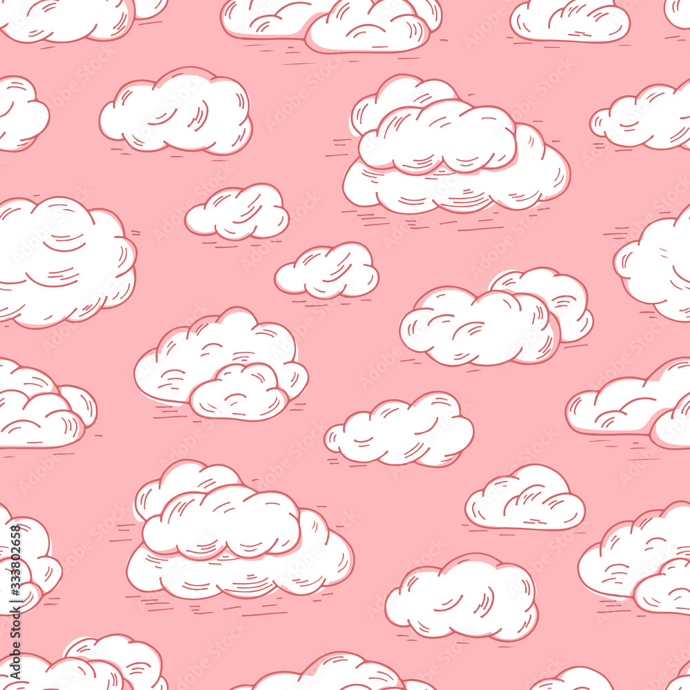Sky. White clouds on pink background. Clouds Vector Seamless pattern. Hand Drawn Doodle Clouds. Sky. White clouds on pink background. Clouds Vector Seamless pattern. Hand Drawn Doodle Clouds.