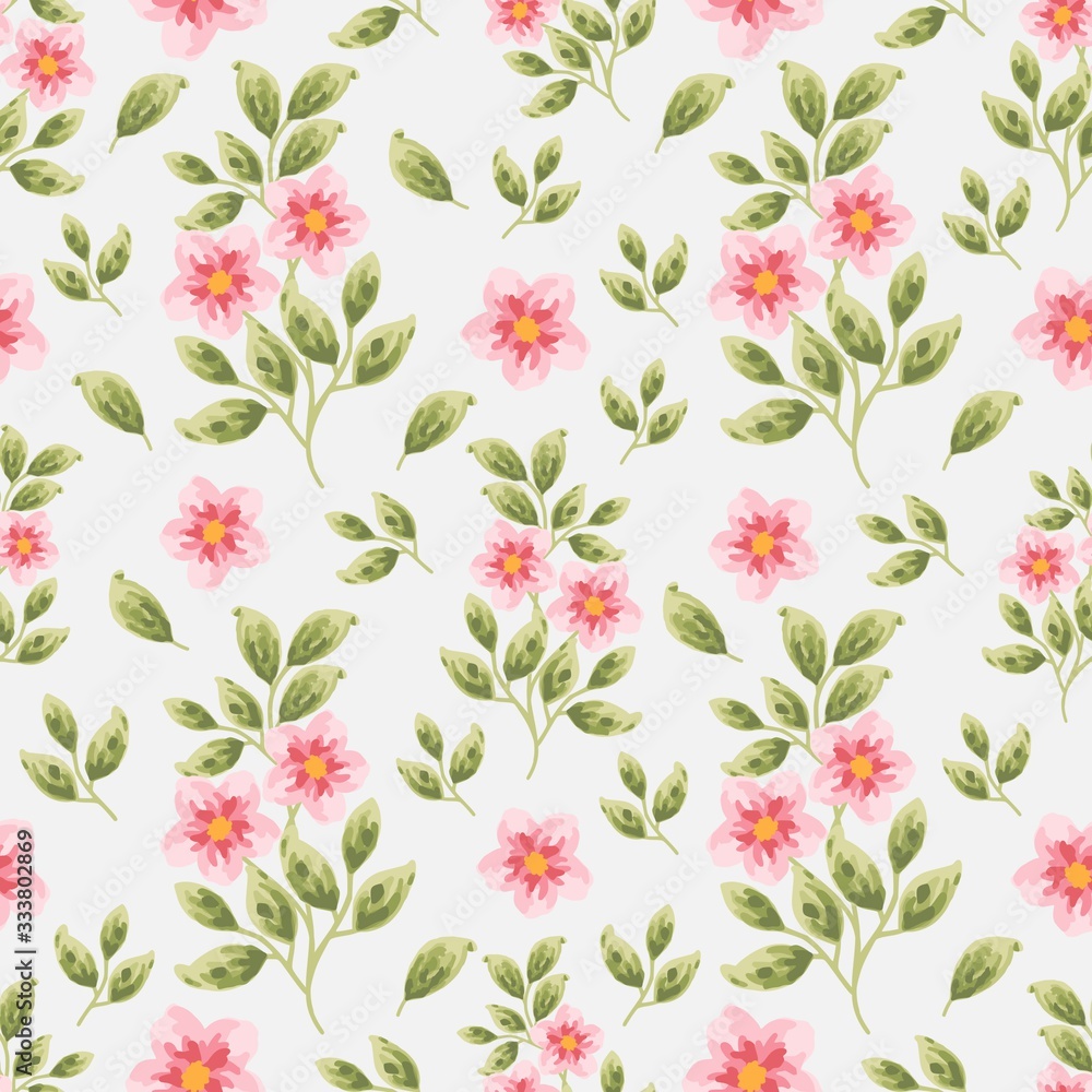 Obraz premium Beautiful summer and spring dog-rose flower seamless pattern. Creative flower and leaf elements for fabric, textile, paper wrappers, greeting card, garden party invitation, romantic events.