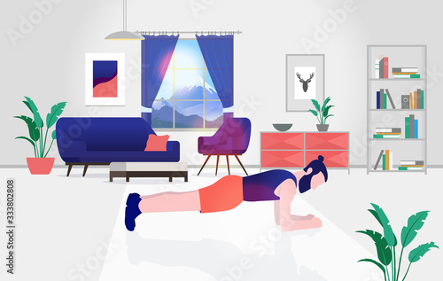 Exercise at home - Man doing elbow plank in living room. Interior in background and sunlight coming in window. Stay in shape and health concept. Vector illustration.